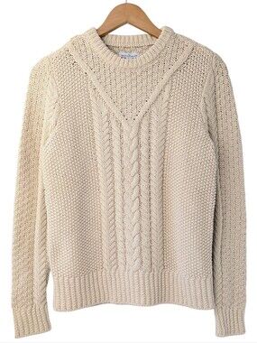 LL Bean Cotton Fisherman Cream Cable Knit Crewneck Sweater